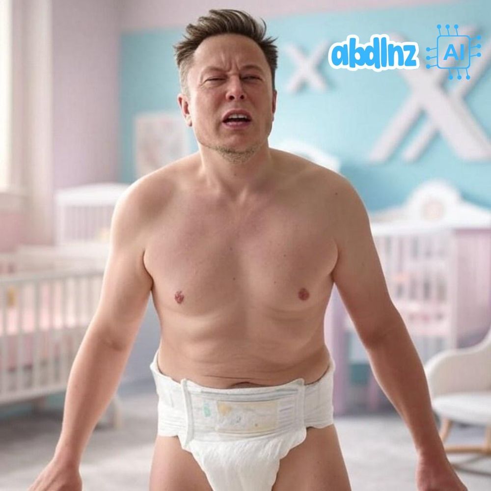 Elon Musk in a diaper having a big baby tantrum in an X branded nursery