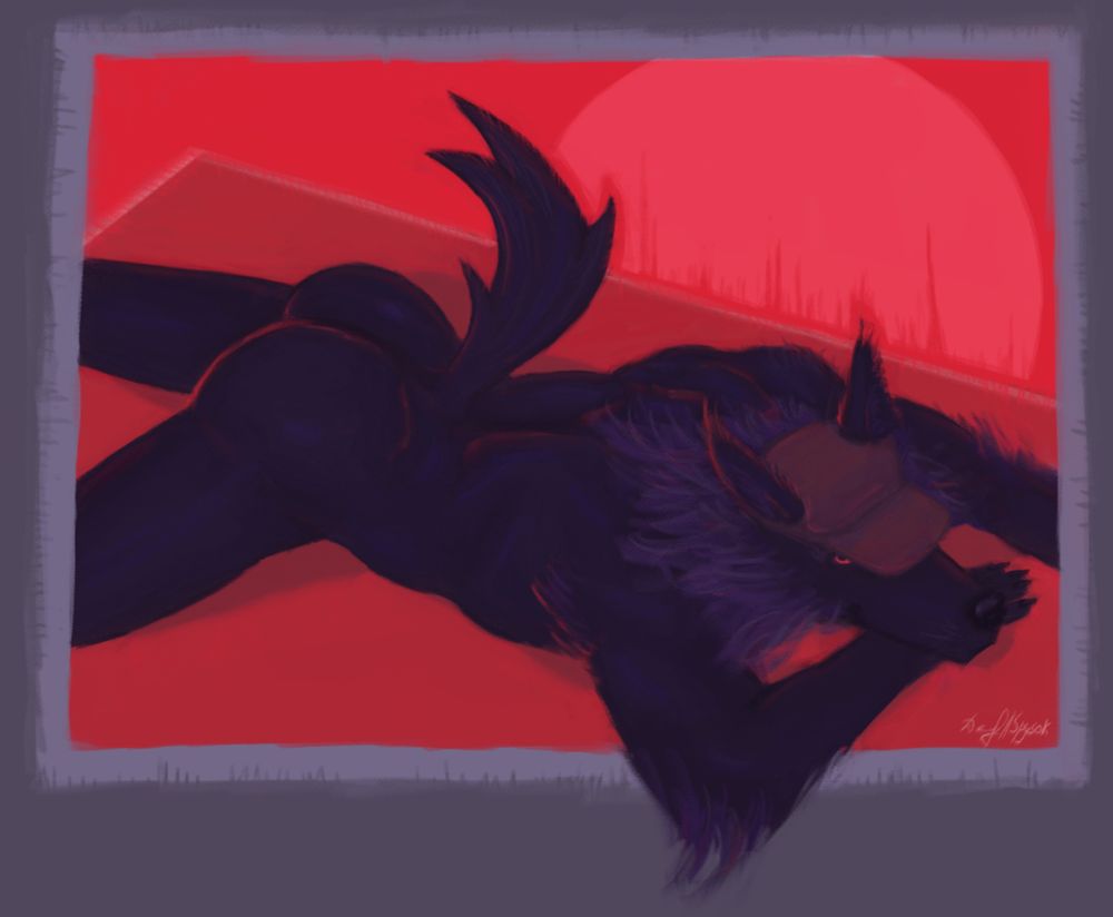 Naked black wolf man in crimson red environment laying on his stomach raising his rear up lustfully showing of his ass cheeks. He wears brown cap, red eye underneath it stares at you. Blood moon rising behind him.