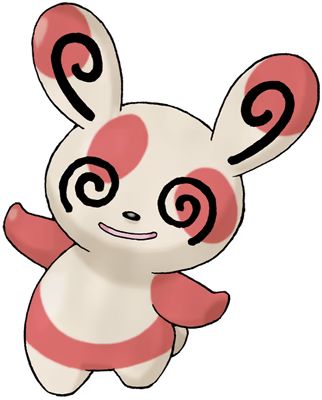 A picture of Spinda, a Pokemon. It is a small, rabbit-like creature with swirly eyes. It stands on its two hind legs. Its fur is cream colored with red accents.