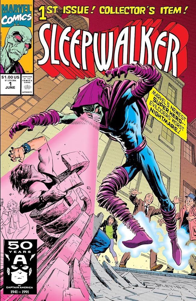 Cover to the comic book Sleepwalker 1 Sleepwalker is animating the road to grab a bad guy. 