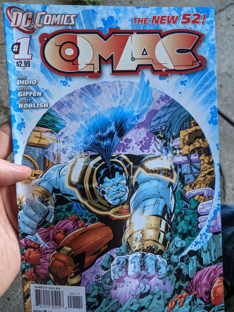 Cover to the comic OMAC #1 Big blue guw with a Mohawk. It's not Kirby level art but it's damn good stuff. 