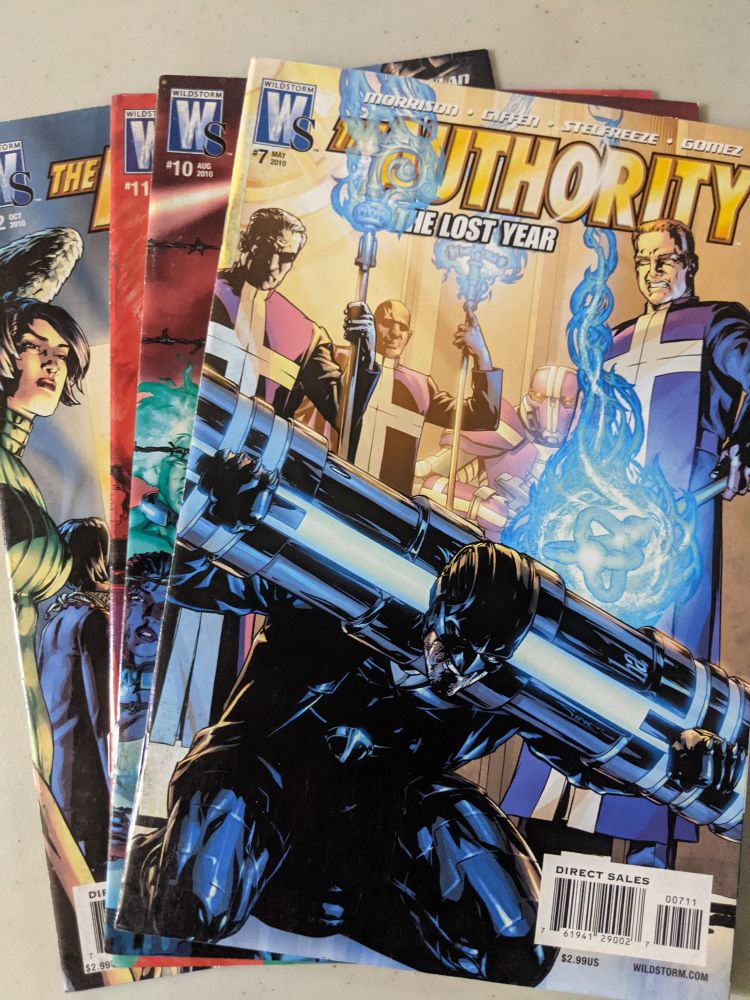 Covers to several issues of The Authority comic book. The most clear cover has the Midnighter on his knees, with priests of some kind threatening him. 