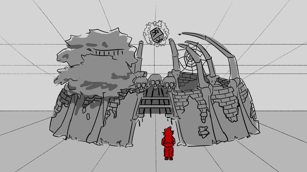 Spider, the red character, standing in front of her Minecraft base, which is an unfinished castle (dome) of concrete wearing out revealing the mix use of gilded black stone and nether bricks, with huge femurs found probably from cadavers in the depths of the nether, and there are spider legs extending after it, centered to a floating end crystal. The gates has three wither skulls on top of it.