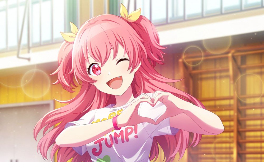 Airi from More More Jump posing with her hands in a heart shape