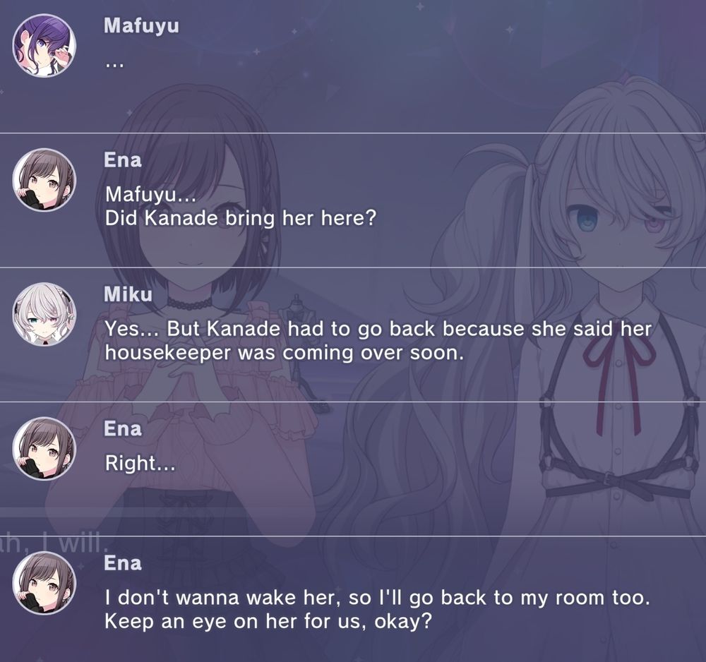 Ena asking n25 Miku to keep an eye on a sleeping Mafuyu in empty sekai 
