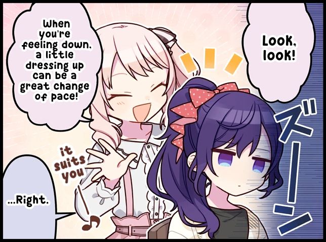 Mizuki putting a ribbon in Mafuyus hair
