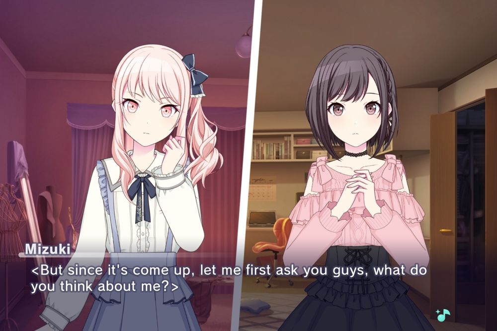 Mizuki in her room asking her girlfriends over nightcord what they think of her