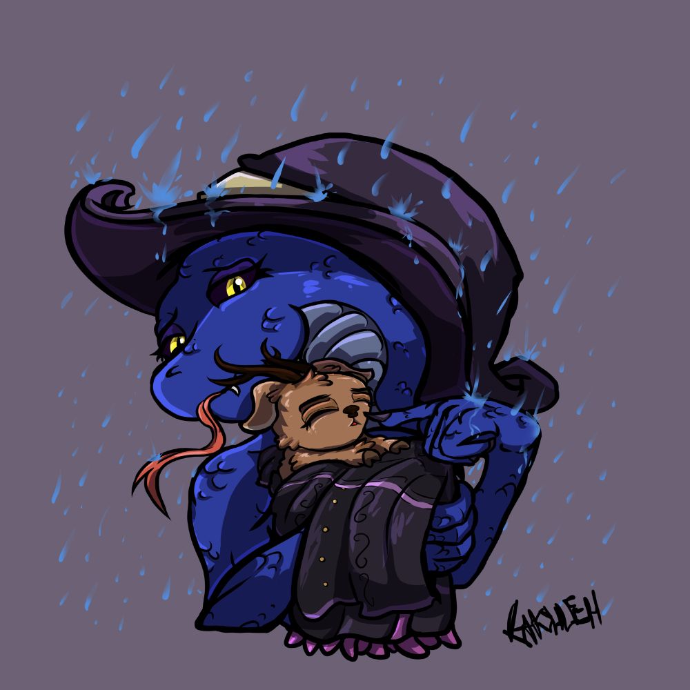A blue snake anthro holding a miniature chibi, sleeping deer, shielding him from the rain with his witch had and bundling him from the cold with his own clothes, while booping his nose with a finger.