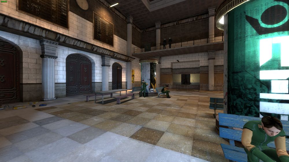 Screenshot of the first location in Raising The Bar Redux, a HL2 mod that is based off the beta with various citizens dressed up in green clothes with tan colored sleeves and green gloves.