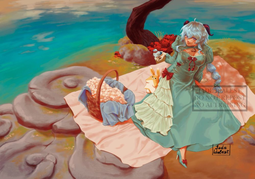 Fanart of Ganyu from Genshin Impact having a picnic 