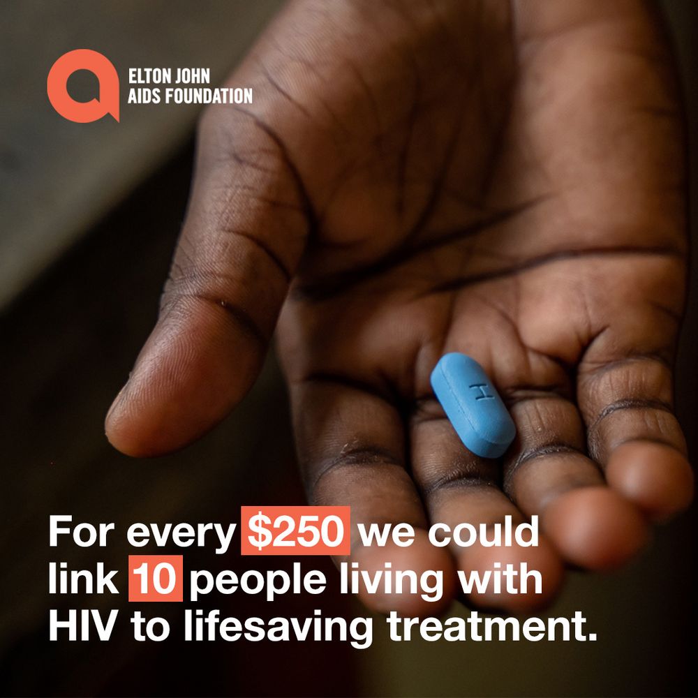 Open palm holds blue pill. Text reads: For every $250 we could link 10 people living with HIV to lifesaving treatment.