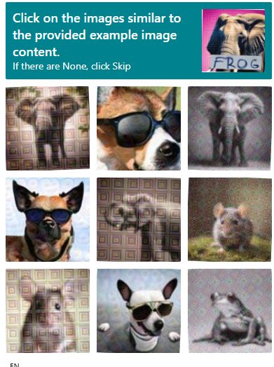 captcha image with 3x3 grid of animals featuring 3 elephants, 3 dogs with sunglasses, two mice, and a frog. test image at top is an elephant with a sign that reads "frog"