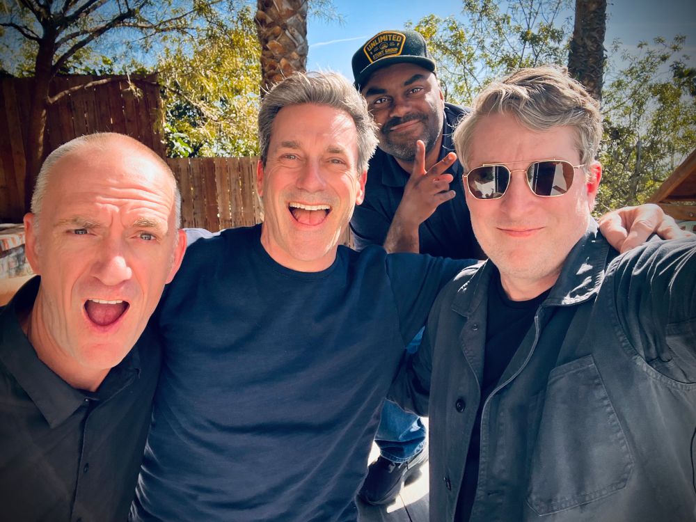 Jon Hamm! Seth Morris! Shaun Diston! and Scott Aukerman!! In a sunny backyard CBB selfie. 