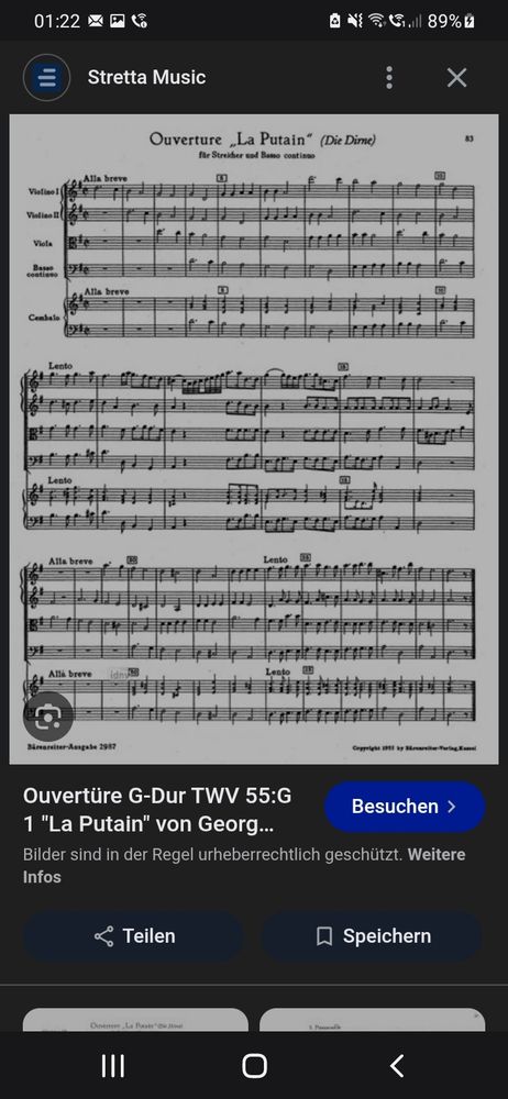 Telemann: La putain
4 Streicherstimmen mit Basso continuo.