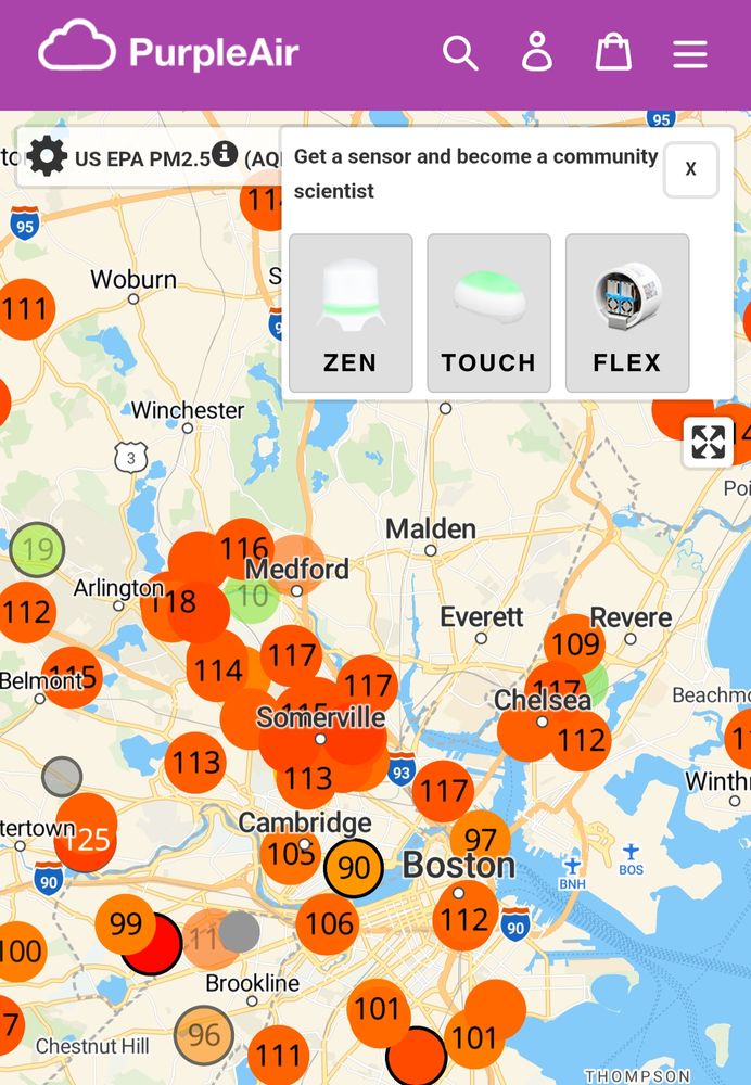 Map of Boston showing the air quality index numbers. AQI is well above 100 indicating high levels of PM2.5.