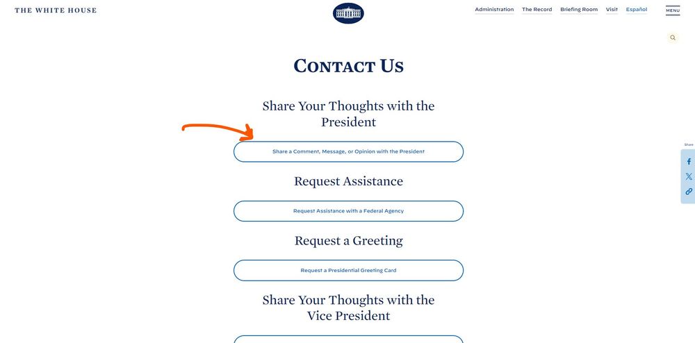 The linked web page, pointing to the option to "Share Your Thoughts with the President". Start here if you want to take action right now!