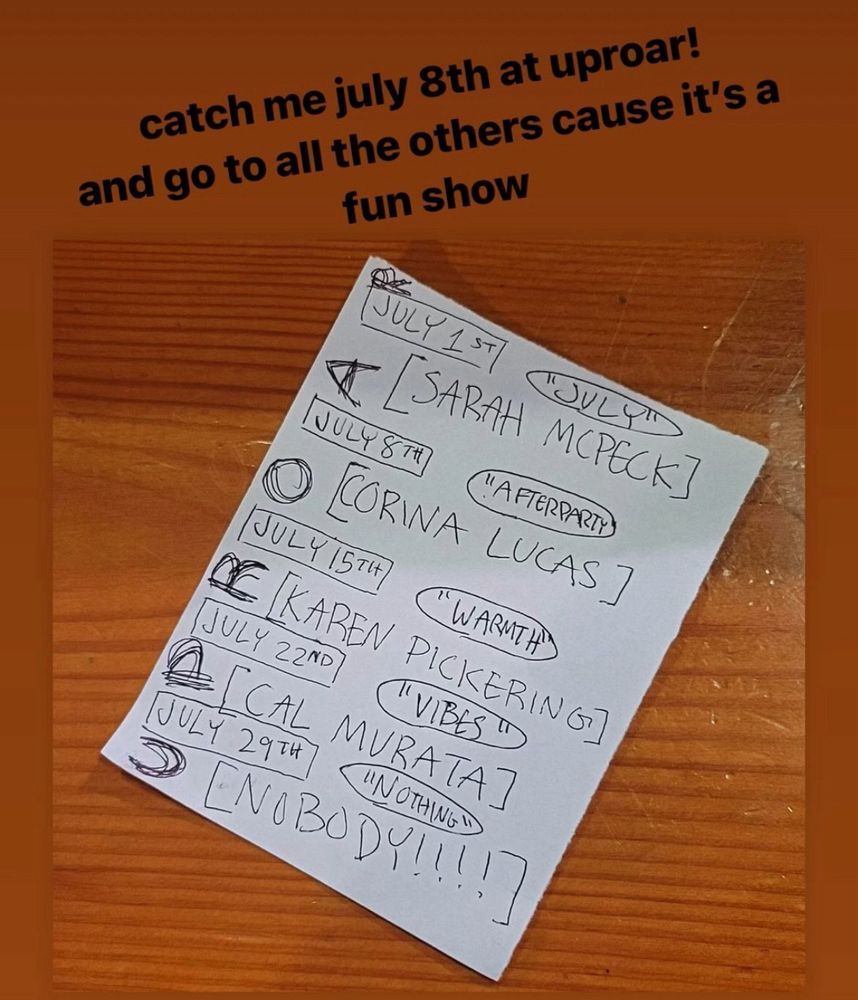 picture of the uproar schedule - i’m on the 8th and the theme is “afterparty”