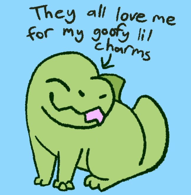 gator sitting with an arrow pointing at him saying "They all love me for my goofy lil charms"