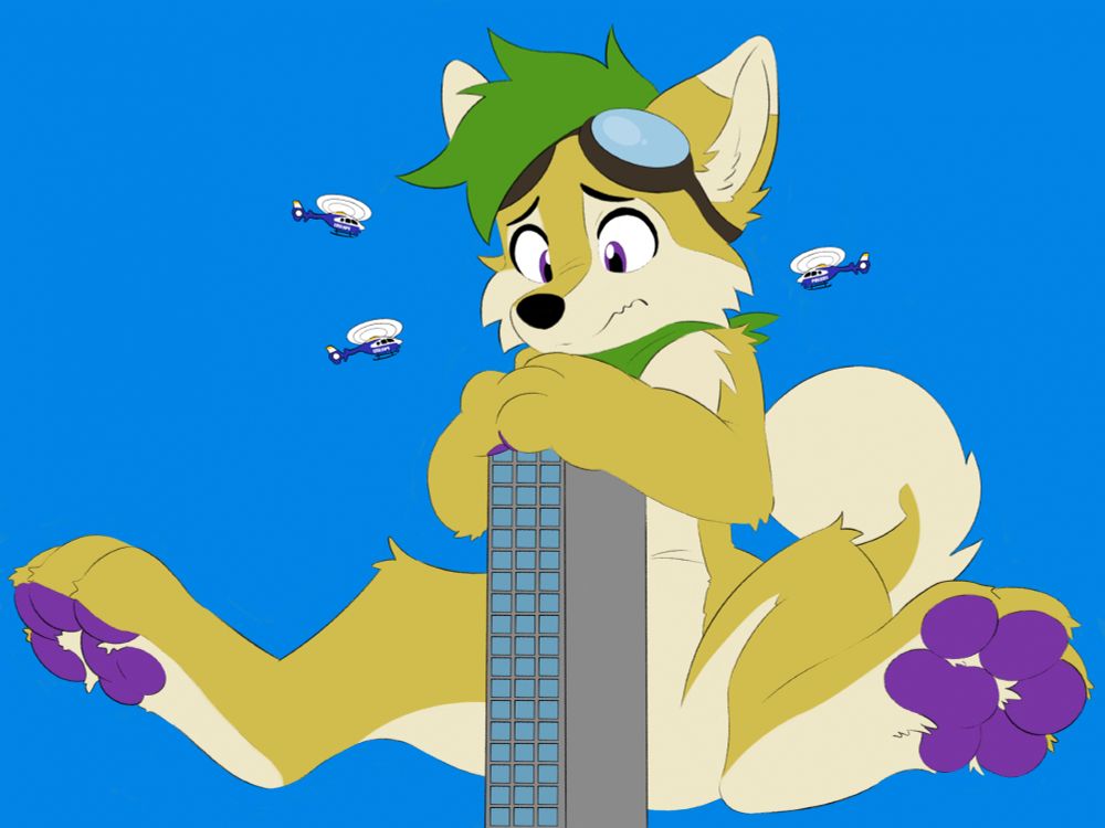 A giant blond husky with green hair hangs on to a tall building, surrounded by german police helicopters against a blue sky.