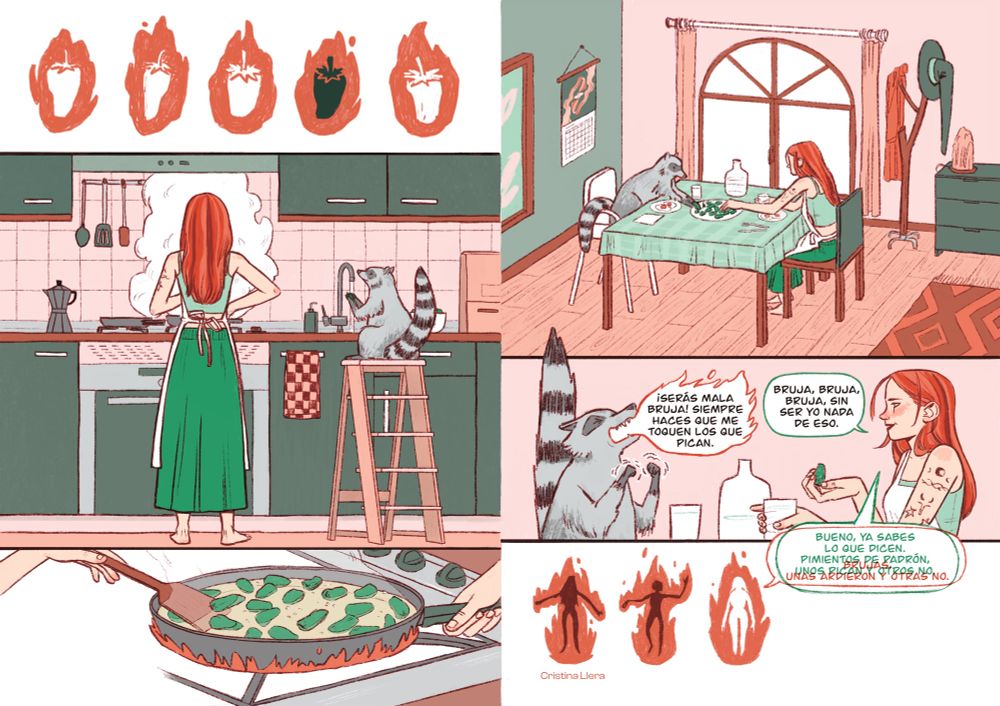 Cómic sobre una bruja y su familiar mapache cocinando pimientos de padrón.