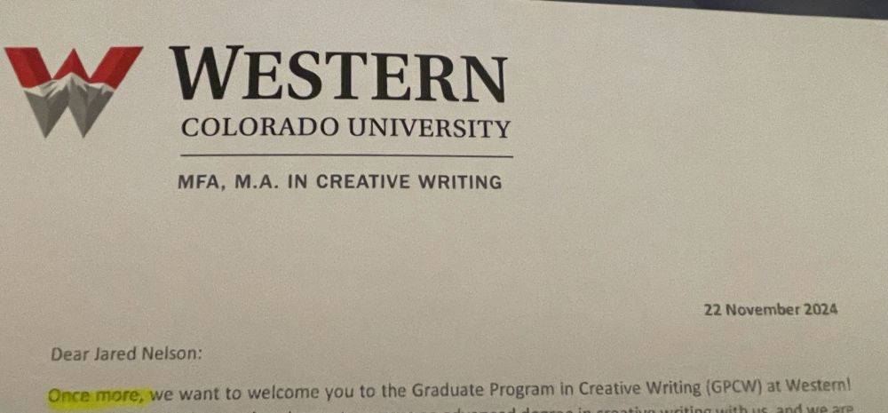 An acceptance letter for Jared’s MFA