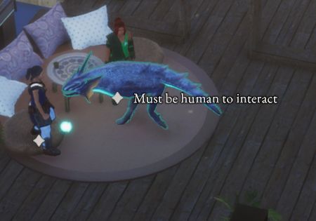 A picture from a game called Coridden, featuring a player as a two-legged lizard next to a prompt that says "Must be human to interact"