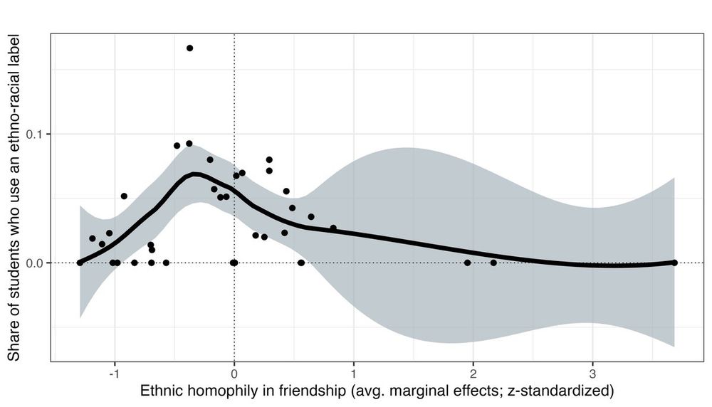 Association between net ethnic segregation in friendship networks and the use of ethno-racial labels. Positive values on the x-axis indicate above-average ethnic homophily in a grade’s friendship network. Values on the y-axis indicate the share of students using ethno-racial labels in their clique descriptions. The figure shows no systematic association between ethnic homophily and the usage of ethno-racial labels.