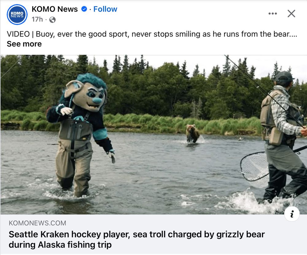 Screencap of a local news website that reads "Seattle Kraken hockey player, sea troll charged by grizzly bear during Alaska fishing trip."