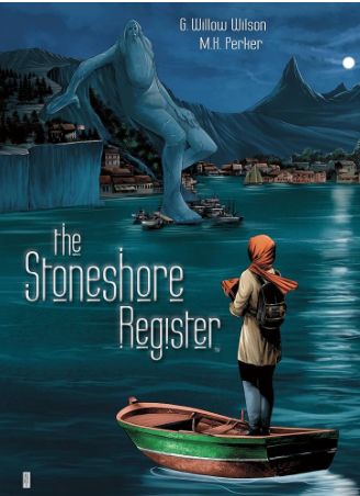 Cover of the graphic novel THE STONESHORE REGISTER, featuring a stone giant crouching above a small town at night, and a young woman standing in a small boat. 
