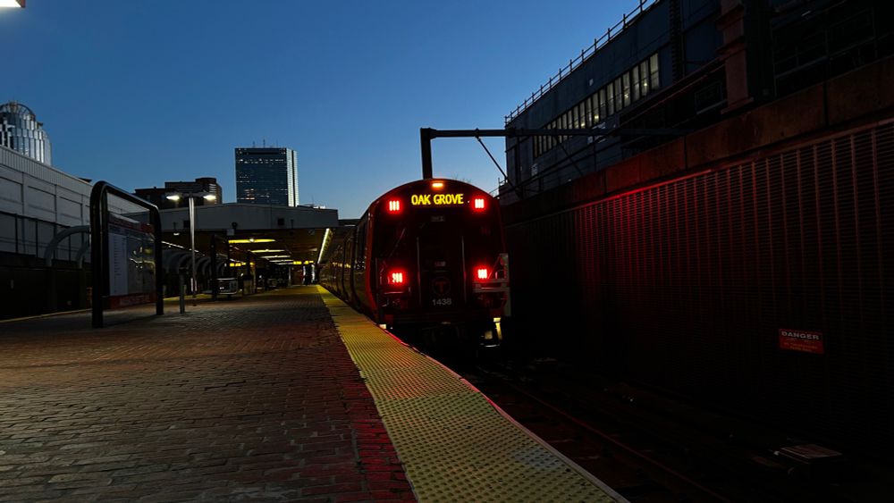 An Orange Line subway car at the wee hours of the morning at Mass. Avenue.