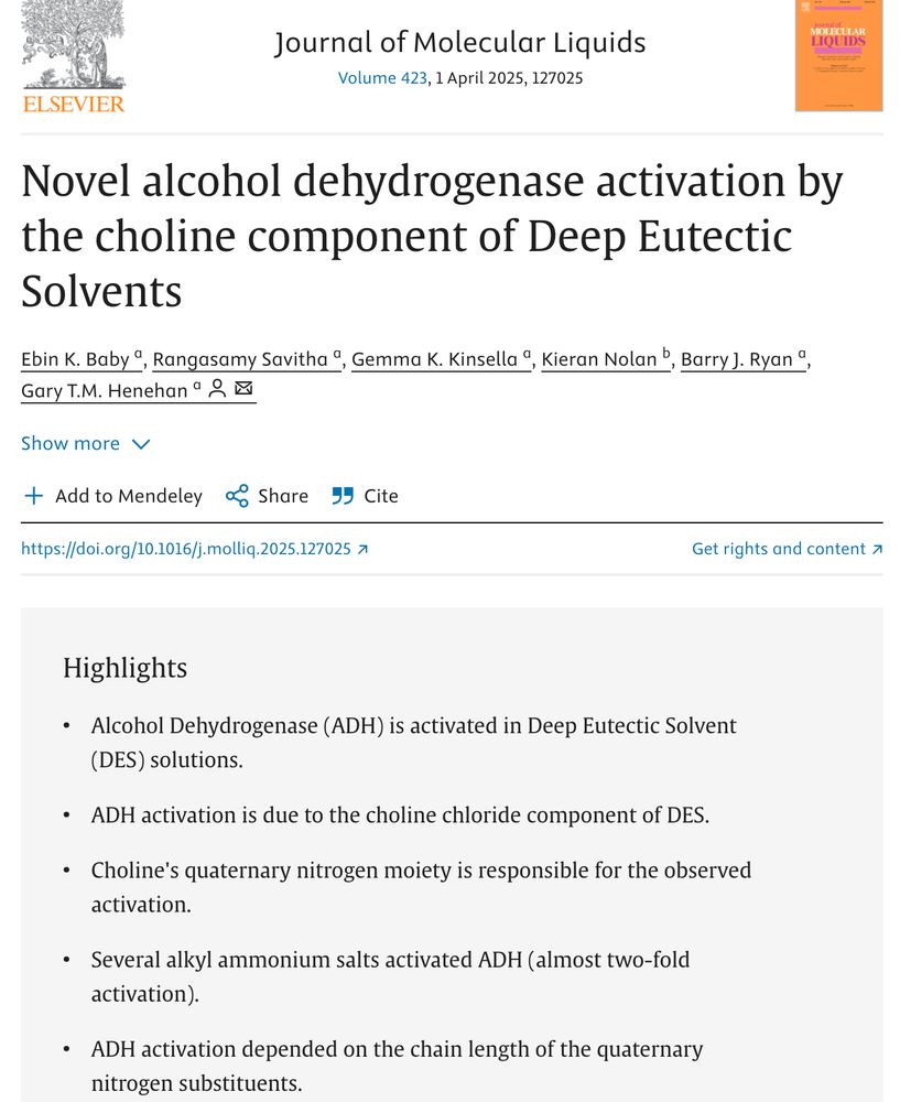 A screengrab of the first part of the online version of the paper "Novel alcohol dehydrogenase activation by the choline component of Deep Eutectic Solvents". It notes the paper title, the authors and the highlights from the paper. 
