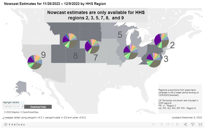 Variant proportion map showing JN.1 proportion by HHS region. Regions 2 and 7 at highest proportion for JN.1