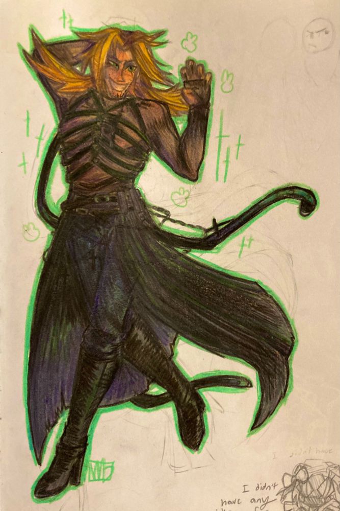 Vittorino from the indie horror game 8:11. He has light, rosey skin, yellow hair, and green eyes. His triangular face is lightly stubbled and his hair is styled into a messy mullet with "wings" coming out the back. He's relatively lean and wearing a black mesh long sleeve top, a rib-shaped black torso harness, a black half-skirt covered in belts, blackish green pants, shiny healed knee-high boots and various belts and hip-chains. He's posed in a mid-step position with one arm raised behind his head and the other raised in a claw-like motion. He has a wide grin. The whole drawing is outlined with bright green.