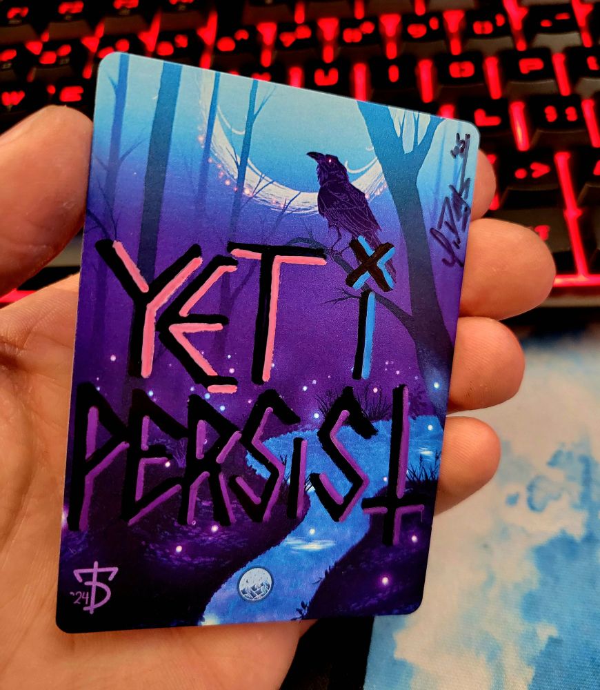 A whimsical swamp scene illustrated by me with a crow and a black hole sun. The words YET I PERSIST adorn the foreground