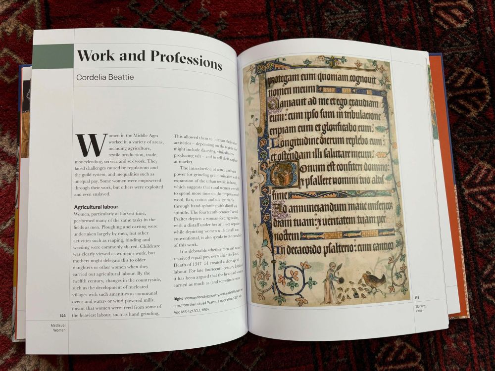 Inside the book, open at essay on Work and Professions by Cordelia Beattie. One page is a full colour illustration from the Luttrell Psalter.