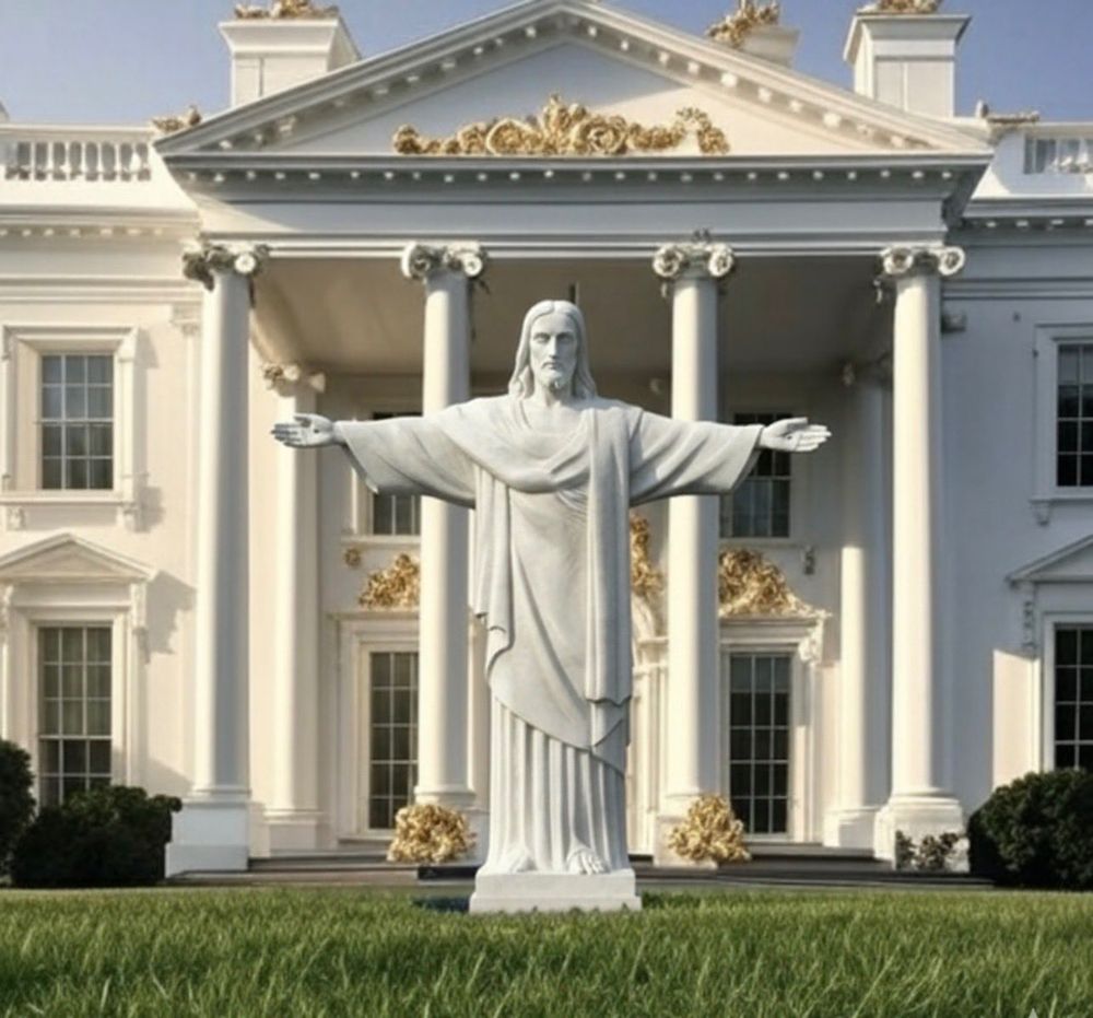 A giant statue of Jesus on the White House lawn - in front of the White House. 