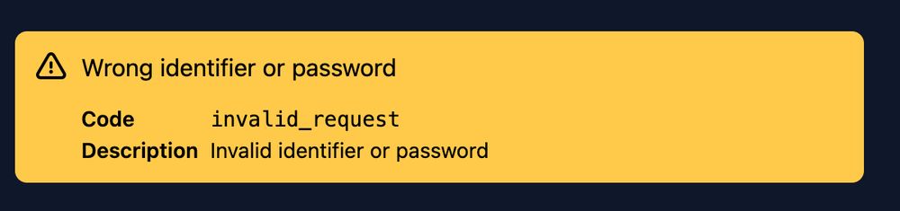 oauth login with the text Wrong identifier or password Code invalid_request Description Invalid identifier or password