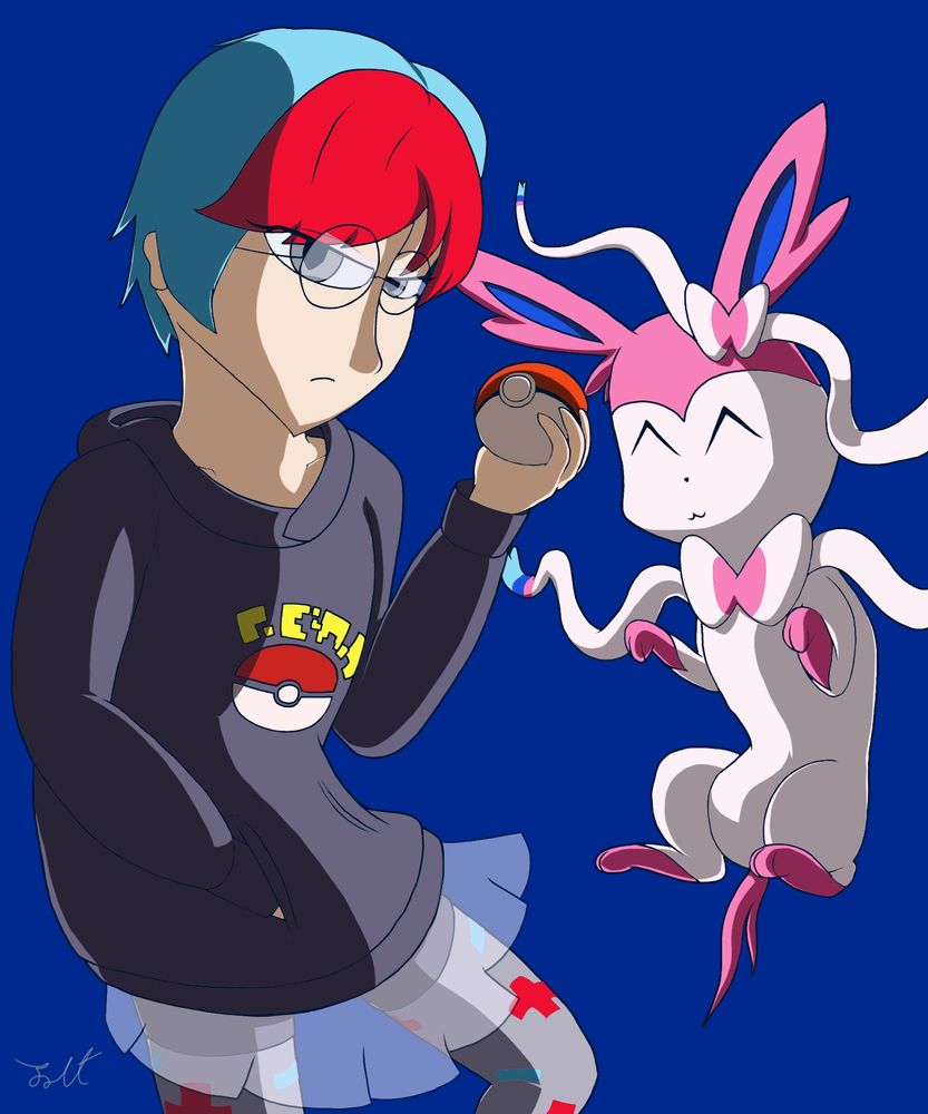 Artwork of Penny posing with her partner Pokemon Sylveon.