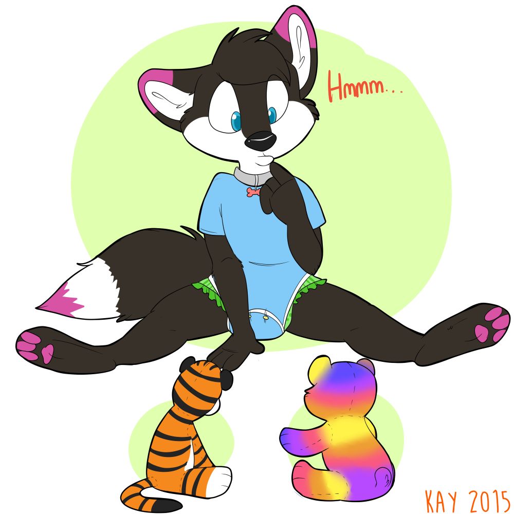 A little wolf sits in a light blue onesie with a diaper peeking out. He is deep in thought trying to choose between the rainbow bear plushie or the tiger plushie laid out before him.