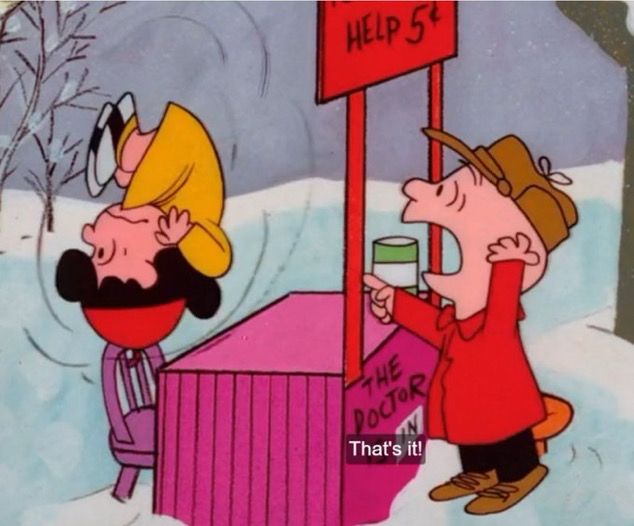 Charlie Brown yelling “that’s it!” to Lucy Van Pelt, sending her flying through the air.