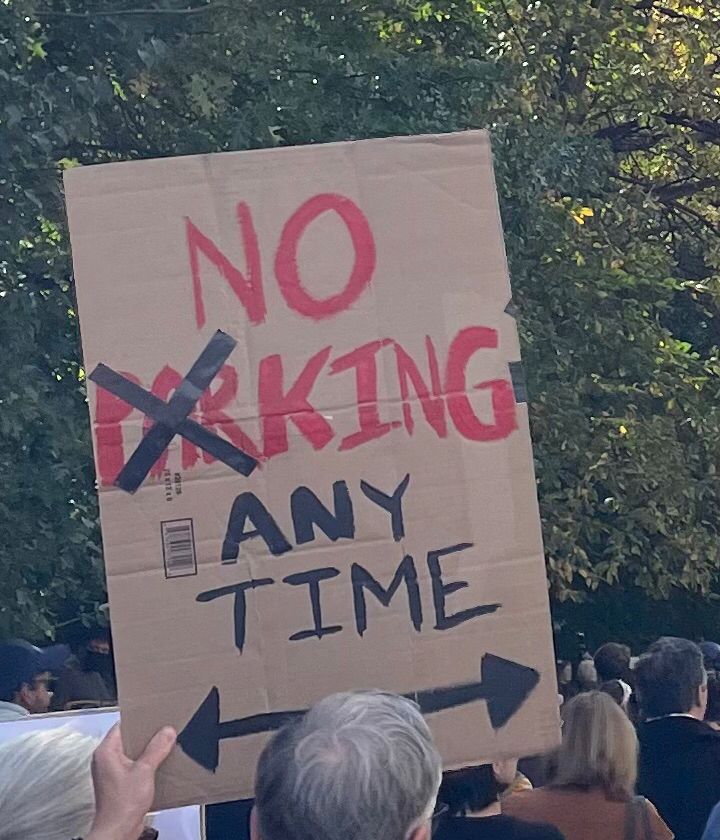 Protester at No Kings protest with a handmade sign that says:

NO
PARKING
ANY
TIME
⬅️➡️

with the PAR marked through to make:
NO
KING
ANY
TIME
⬅️➡️