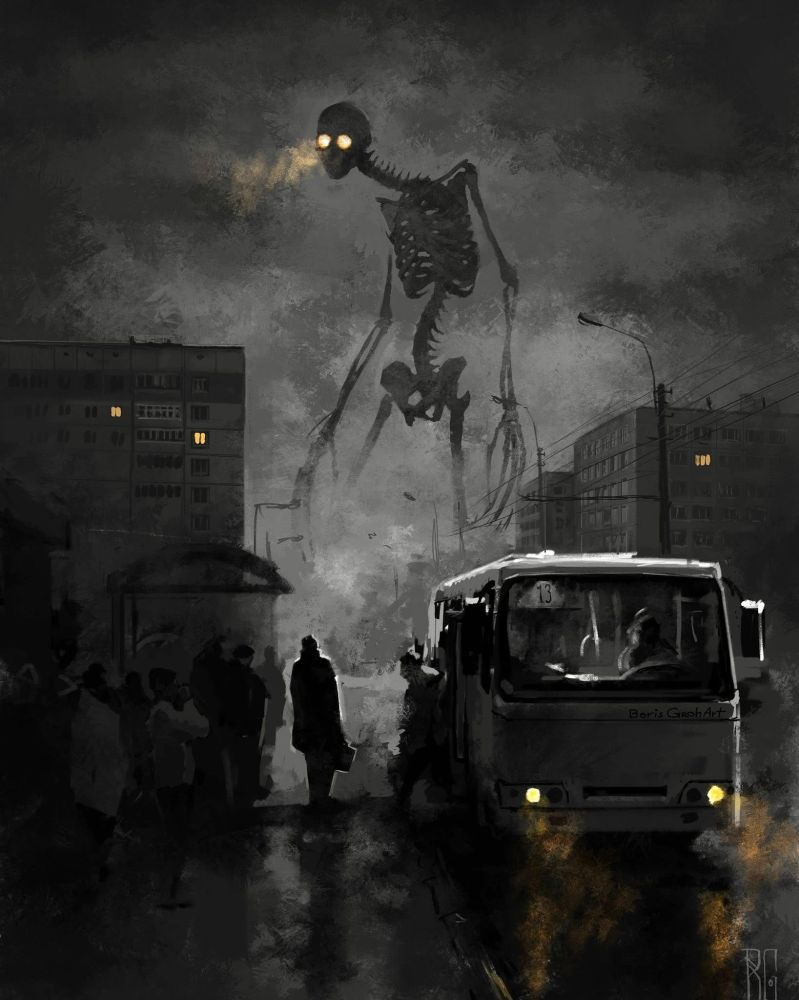 Giant skeleton with glowing eyes wanders through the grey, city background as you climb onto the bus for your morning commute.