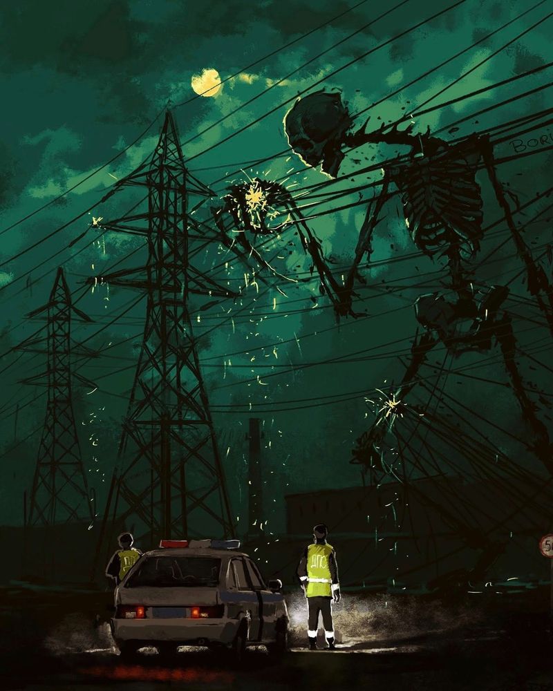 A giant skeleton is amused by the sparks made as it plays with the power lines. Representatives of the power company look helplessly on.