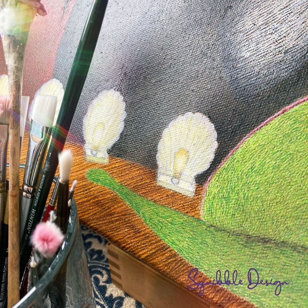 Close up of the footlights in my painting of 17 owls, a tawny frogmouth bird, and a Luna moth.