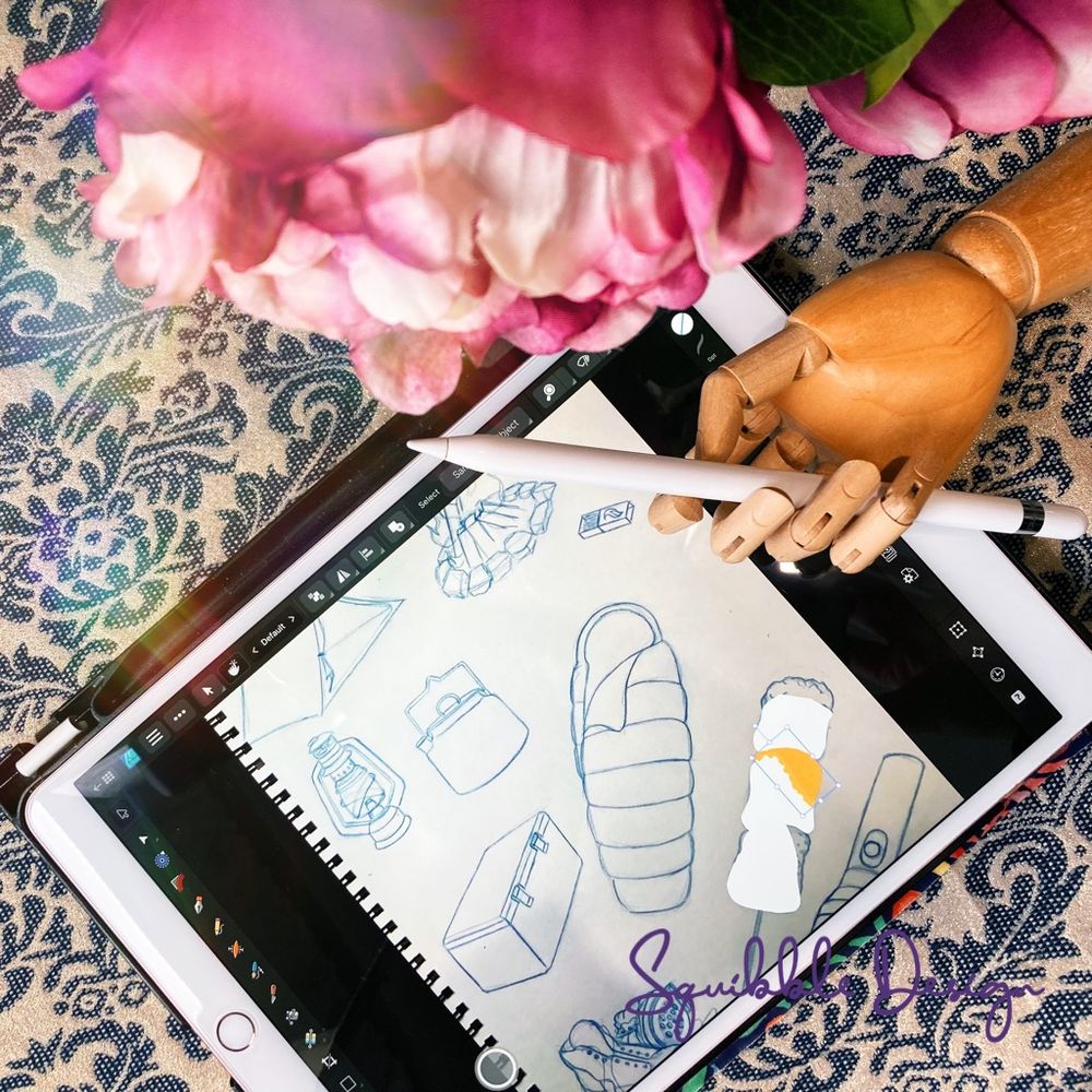 An artist’s mannequin hand holds an Apple Pencil and rests on an iPad. On the iPad’s screen are my work in progress sketches. 