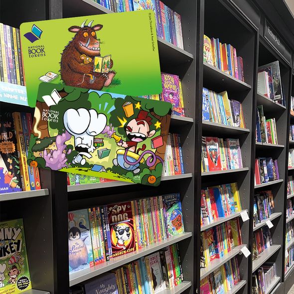 A photo of Waterstones in Glasgow, with two National Book Tokens gift cards in The Gruffalo and Bunny vs Monkey designs.




