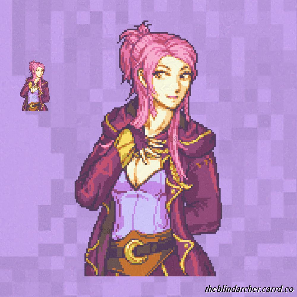 A 16 bit pixel art half-body portrait of a shapely woman with fair skin, pink hair done in a messy ponytail, and brown eyes.  She is standing contrapposto with one hand behind her back and the other resting at the top of her chest.  She is looking out the corner of her eyes in a flirtatious manner.  She wears a bulky maroon colored hooded robe with gold trim over a low-cut pale lavender tank top and leather waist wrap.  The character is based on one of the customizable versions of Robin from Fire Emblem Awakening, further customized with color changes.