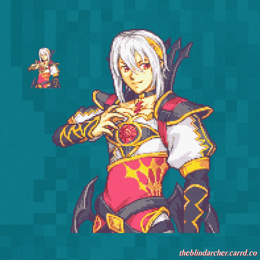 A 16-bit pixel art half-body of a young looking fair-skinned man with platinum colored hair and red eyes.  He is looking out the side of his eyes and has a smirk on his face.  He is posed with a hand in front of his chest in a claw-like position  His intricate outfit consists of a white and pink tunic with black and gold trim, with a red gem in the center of the chest.  The tunic has black and gold diamond print patterns.  He wears black shoulder pads with gold trim that turn into a black spiked collar.  On his wast he wears crossed black belts with a golden buckle, and has armor floating around his waist.  The art is of the character Nil, AKA Rafal, from Fire Emblem Engage.