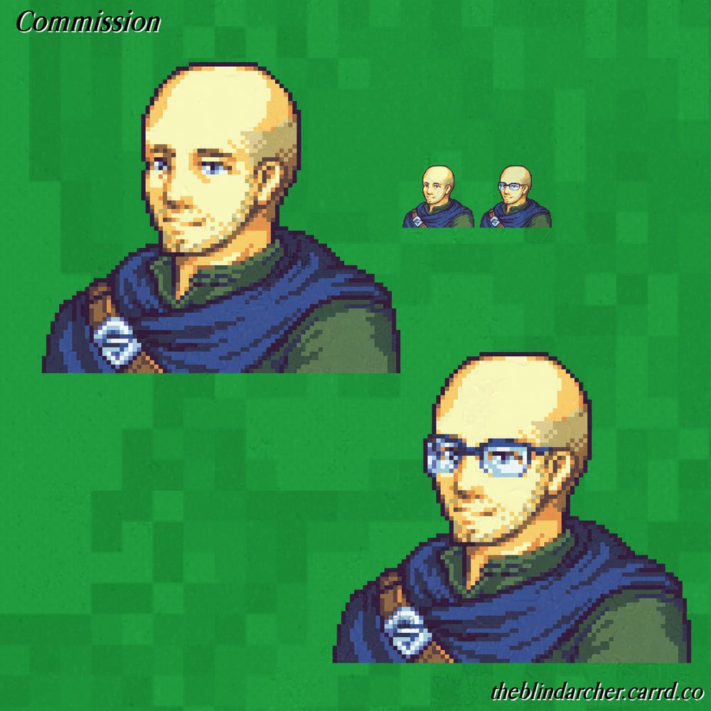 A pair of 16 bit pixel art portraits of a fair skinned balding man.  One portrait has glasses and one does not.  The man is wearing a forest green tunic with a navy blue cloak.  The portrait is of the Twitch Streamer GaryLikesGames.