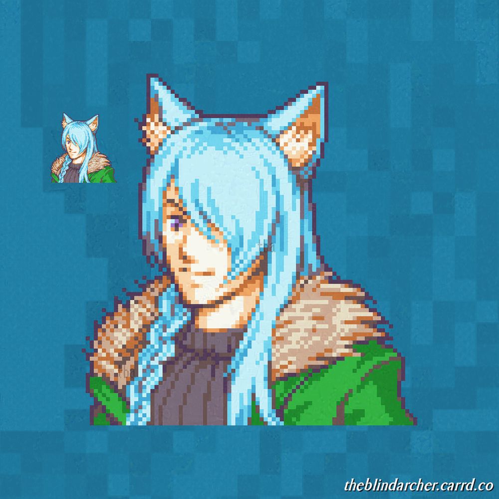 A 16-bit pixel art portrait of a pale skinned person with masculine facial features and powder blue hair.  They have cat ears sticking out the top of their head.  Their hair is long and flowing, with the bangs covering their left eye.  The hair on the left side of their face is hanging loosely, and on the right side it is braided.  They are wearing a green parka with beige fur lining the hood, with the right shoulder sitting slightly off the body.  Under the parka is a ridged black sweater.  The character is Snowy, a clients original character.
